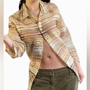Elementz womens vintage sheer 3/4 sleeve collared  button-down tan shirt S:M